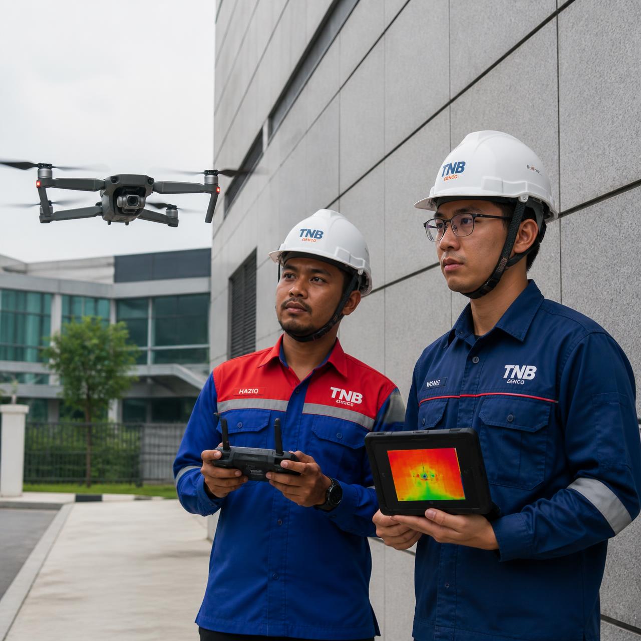 Victra engineers using a drone and thermal scanner to inspect a building