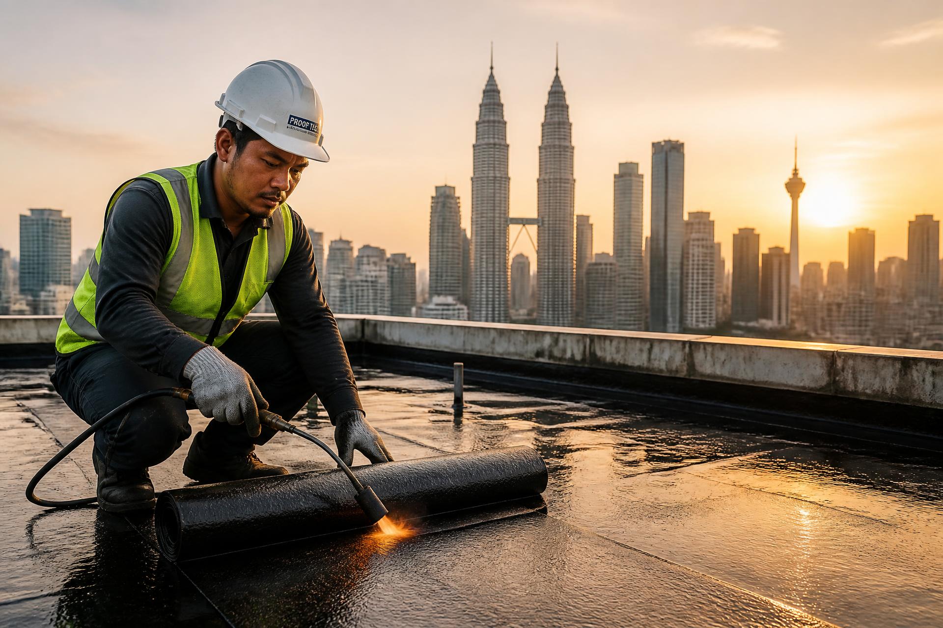 Victra waterproofing specialist working on a Kuala Lumpur rooftop at sunset